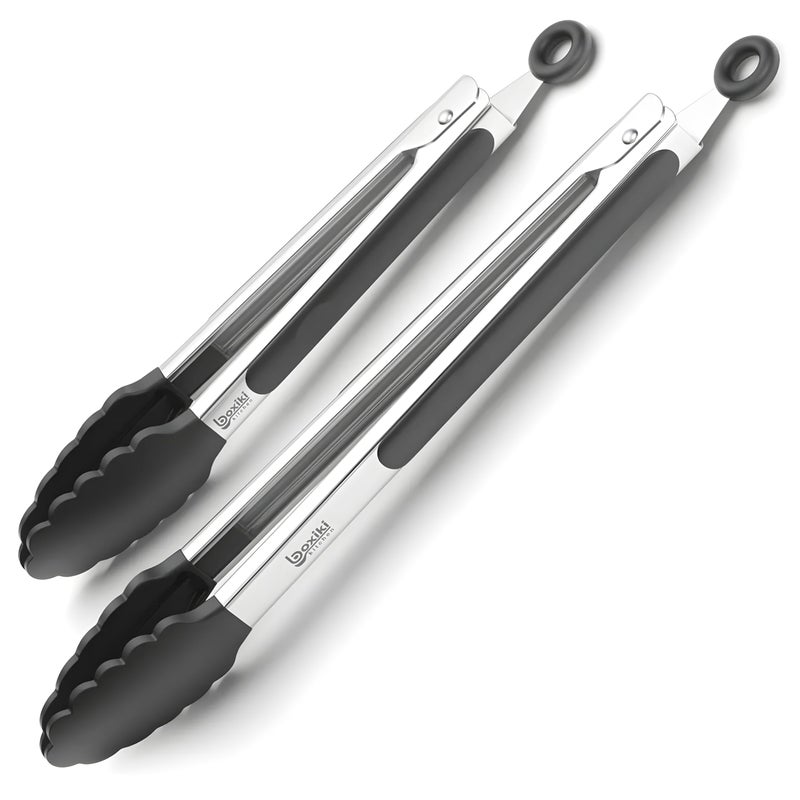 Boxiki Kitchen Kitchen Tongs for Cooking with Silicone Tips by Boxiki Kitchen, BPA Free Stainless Steel set of 2 Silicone Tongs for Cooking, Grilling & Toss a Salad, Heat Resistant Grill Tongs for Serving Food. - Image 1